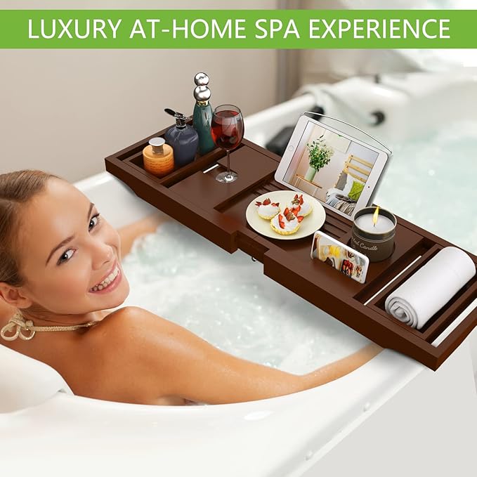 Bathtub Caddy Tray for Tub, Foldable Bamboo Bath Table Tray with Book and Wine Glass Holder, Expandable Bathroom Accessories with Free Soap Dish Suitable for Luxury Spa or Reading, Brown