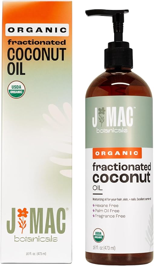 J Mac Botanicals, Organic Fractionated Coconut Oil (16 oz. with a Pump) Carrier Oil for diluting Essential Oils, Leave in Conditioner for Dry Damaged Hair, Skin, Massage