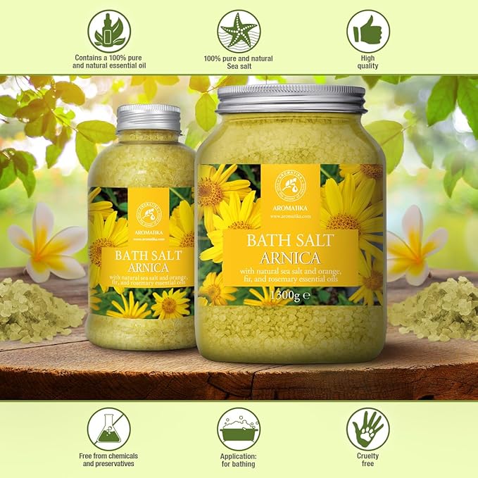 Arnica Bath Salts 21.16 Oz - 100% Natural Rosemary Orange and Fir Essential Oils - Sea Salt Arnica 600g - Best for Bath - Good Sleep - Relaxing - Body Care - Beauty