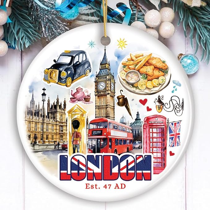 Classic London Artwork City Full of Landmarks Ornament, Vintage Souvenir of England