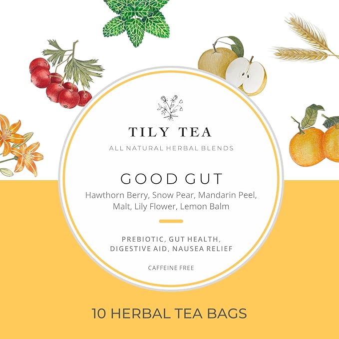 Tily Tea Good Gut Herbal Tea - Natural Prebiotic Tea for Digestive Support - Caffeine Free - 10 Plastic-Free Tea Bags