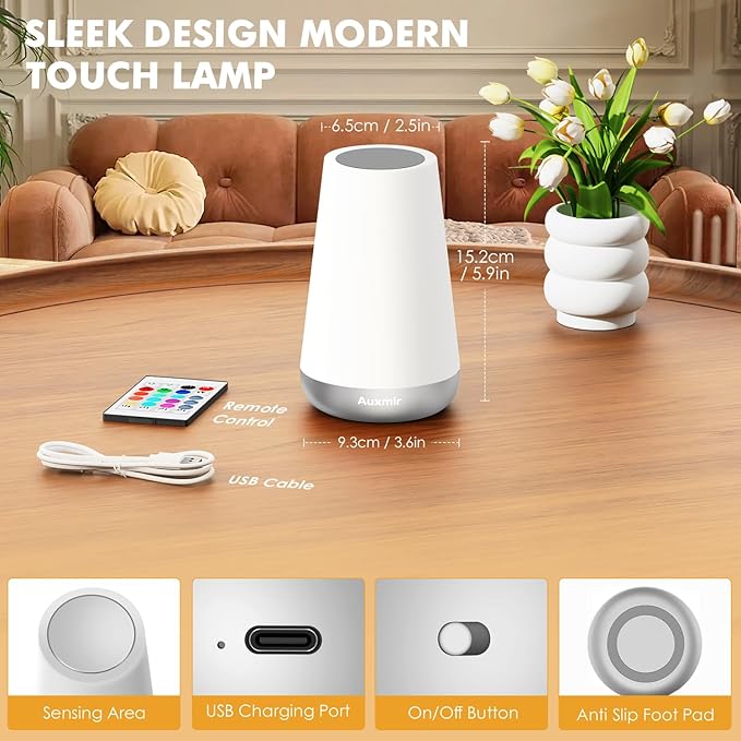 Auxmir Night Light for Kids Baby, 2500mAh13 RGB Colors & 5 Brightness, Portable Rechargeable LED Bedside Lamp for Baby Nursery, Night Lights for Bedroom Living Room Bathroom Hallways, Silver