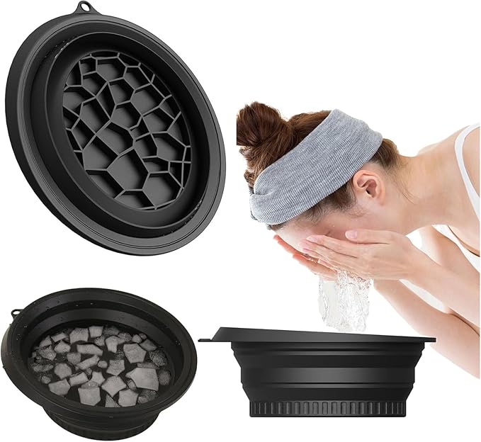 Ice Bowl with Ice Tray, Collapsible Silicone Bowl for Home Ice Water Facials, Facial Ice Therapy for Skin Tightening, Acne Relief and Anti-Inflammation, Portable Spa Tool for Home and Travel (Black)