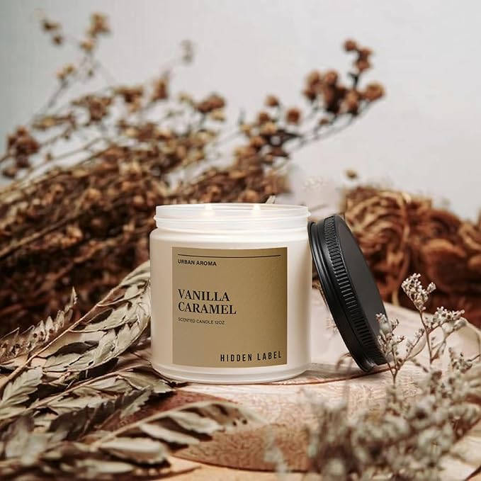 Hidden Label Vanilla Caramel Fall Candles, 12oz 2 Wick Non Toxic Candles for Home Scented, Natural Soy Wax Clean Burning Aromatherapy Candle, 70H Long Lasting for Gifts Stress Relief & Relaxation