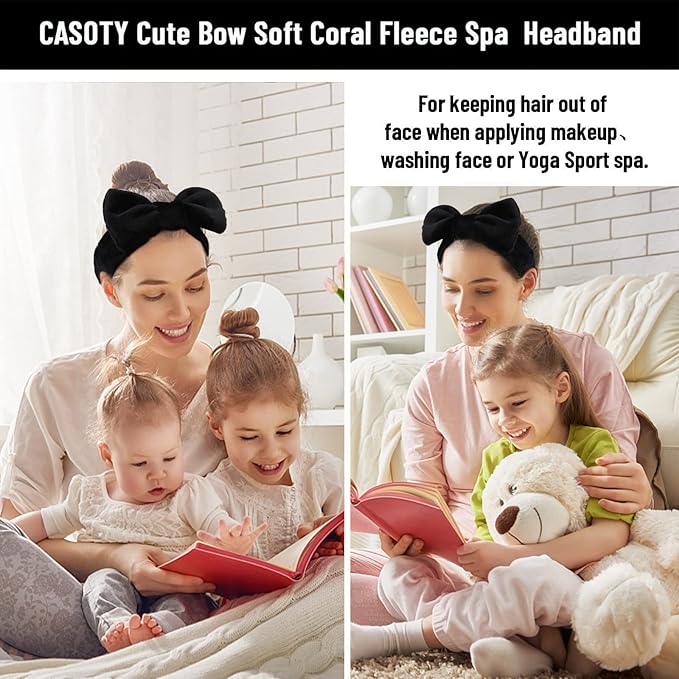 Casoty 8 Pcs Black Hairband, Soft Coral Fleece Skincare Headbands for Women Makeup, Hair Band for Washing Face, Makeup Headband for Face Washing Shower Skin Care Yoga, Bow Headbands for Adults