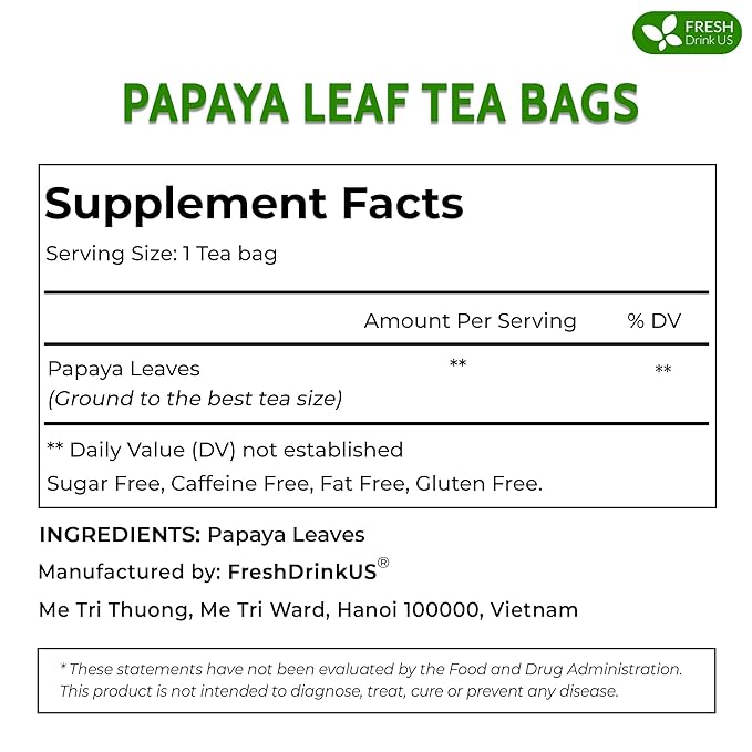 FreshDrinkUS, Premium 25 Papaya Leaf Tea Bags, 100% Natural & Pure from Papaya Leaves. Loose Leaf Papaya Herbal Tea. Made with Natural Material Tea Bags. No Sugar, No Caffeine, No Gluten, Vegan.