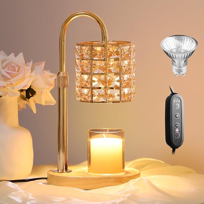 Candle Warmer Lamp, Adjustable Height Wax Warmer Lamp with 2 Bulbs Timer Dimmer, Candle Top Melting Compatible Jar Candles, Glass Candle Heater Lamp for Scented Wax, Gifts for Home Decor (Amber)