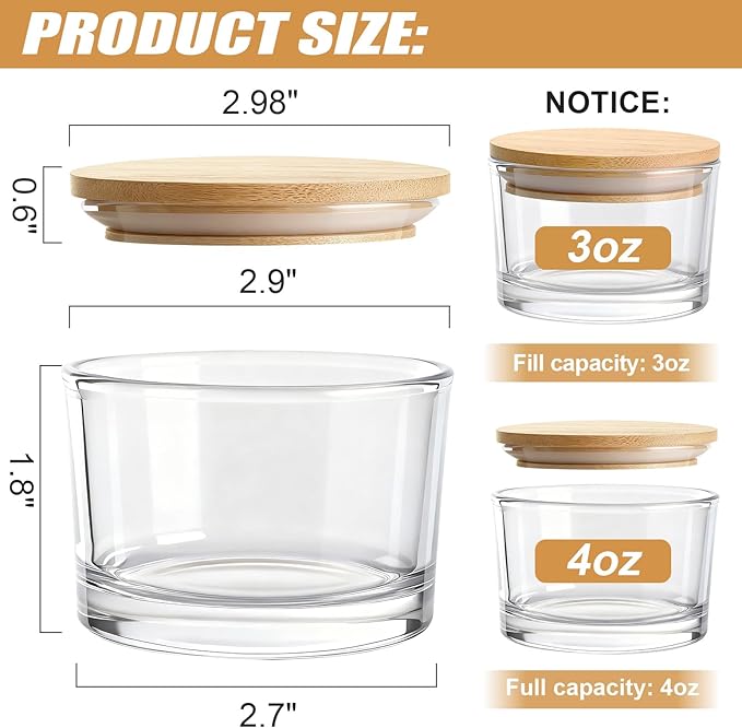 4oz Glass Candle Jars, 12-Pack Small Candle Jars for Making Candles, Empty Thick Glass Wide-Mouth Jars with Bamboo Lids & Wick Kits, Candle Containers Bulk - Clear
