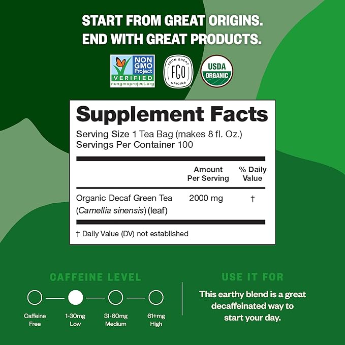 FGO Organic Green Decaf Tea, 100 Count, Eco-Conscious Tea Bags, Resealable Bag, Caffeine Free, Packaging May Vary (Pack of 1)