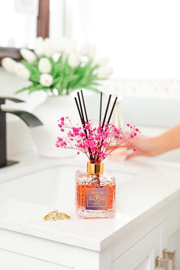Reed Diffuser Set - Rose Honey Oil, Oil Diffuser Sticks, Bathroom Diffuser, Bathroom Decor, 200ml with Preserved Flowers - PEANÄK