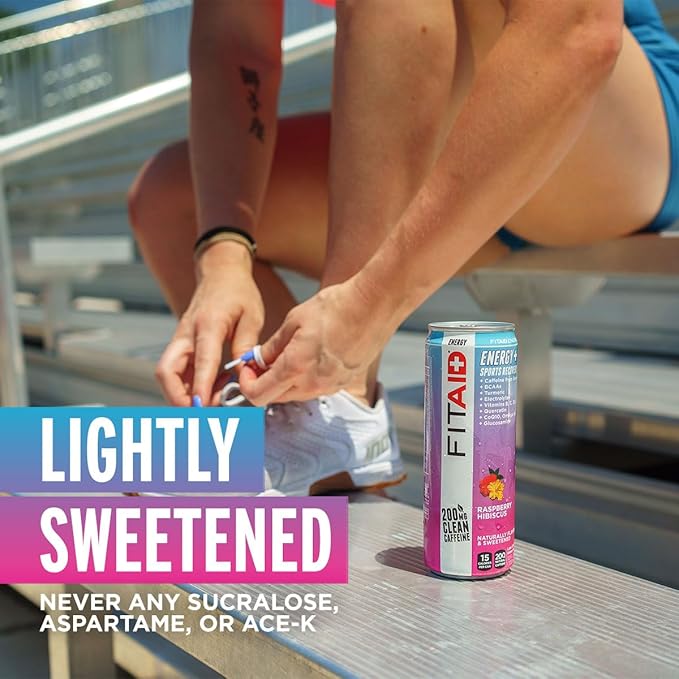 FITAID ENERGY, 200mg Natural Caffeine, Keto, Raspberry Hibiscus, Optimum Performance Formula: BCAAs, Quercetin, Electrolytes, Omega-3s, Paleo, Vegan & GlutenFree, 12 Fl Oz cans (Pack of 24)