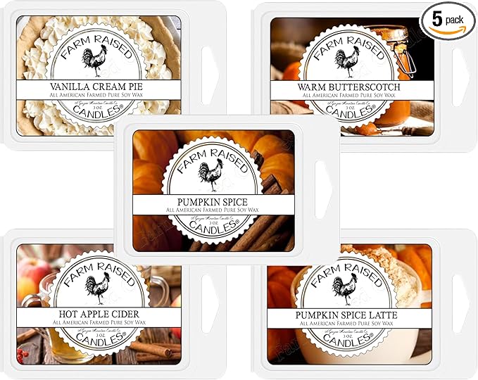 Farm Raised Candles - Pumpkin Patch Soy Wax Melts 1 LB Variety Pack (5 Scents) – Hand-Poured 100% Soy – Butterscotch, Vanilla Pie, Spice, Latte & Apple Cider – Fresh from The Farm Soy Wax Melts