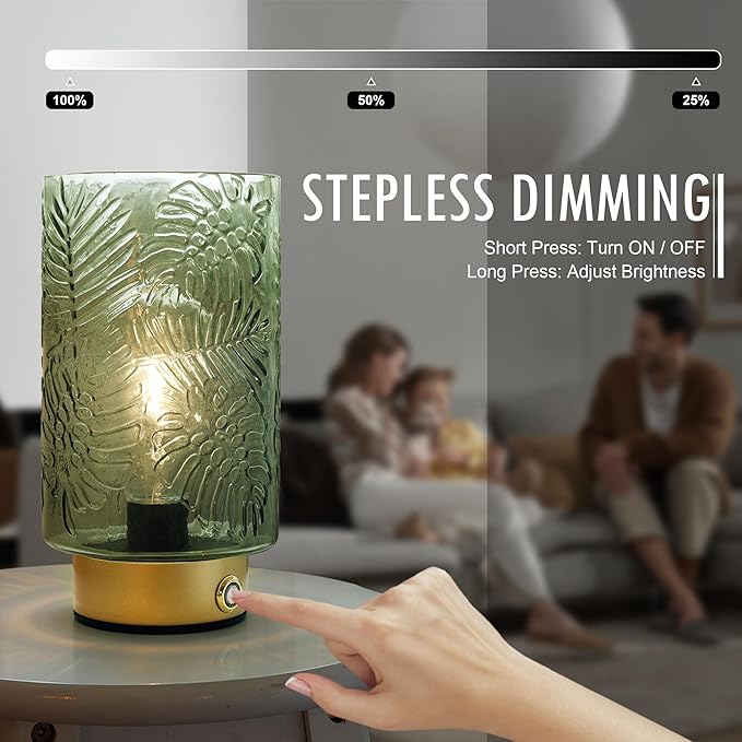 Cordless Lamp Rechargeable Battery Operated lamp, Glass Table Lamp Remote Control - Dimmable Brightness Touch Wireless Bedside Lamp for Bedroom Kitchen Dining Home Living Room Decor Green
