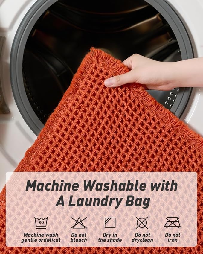 AMOAMI Upgraded Waffle Runner Rug Super Absorbent Non Slip Bath Mats for Bathroom Machine Washable Bathroom Runner Rug with Tassels, Ideal for Hallway Bedroom Laundry Room, 2' x 5', Orange