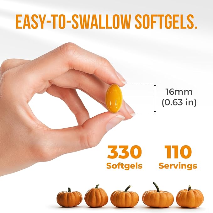 FRESHDRINKUS, 330 Premium Pumpkin Seed Oil Softgels with Saw Palmetto, 3000mg Per Serving, Cold Pressed, Pure Virgin Oil, Great Hair Support, Non-GMO, Gluten-Free, Vegan