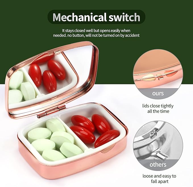 Dynippy Pill Case Pill Box with Mirror Retro Pocket 2 Compartment Medicine Case Vitamin Pill Organizer for Pocket Purse and Travel - Rose Gold-Marble Veins