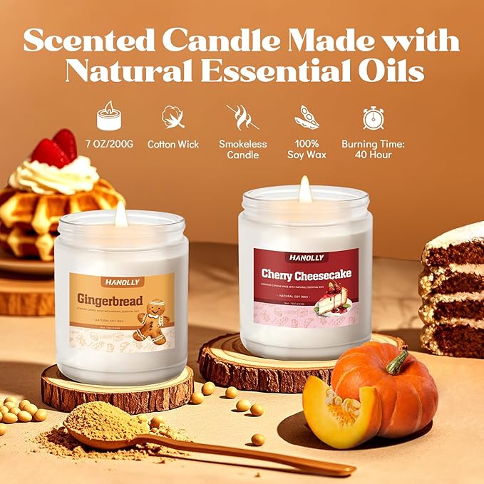 Halloween Fall Candles Set,6 Pack Fall Candles for Home Scented, Candle Gift Set,Soy Wax Long Lasting Jar Candle of Pumpkin Pie,Coffee Cake,Gingerbread,Chocolate Cookie,Cherry Cheesecake Aromatherapy