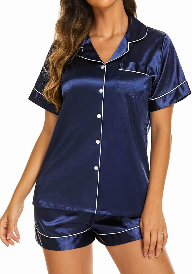 Ekouaer Silk Pajamas for Women Short Sleeve Sleepwear Soft Button Down Loungewear 2 Piece Satin Pjs Shorts Set S-XXL