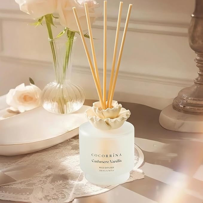 COCORRÍNA Gypsum Flower Reed Diffuser Set for Bathroom Décor – Cashmere Vanilla Scent, 6.76 oz with Sticks & Oil – Home Fragrance for Bathroom & Living Space