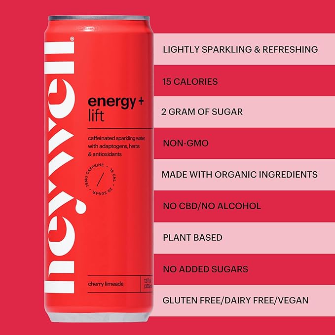 Heywell Sparkling Adaptogenic Water Energy and LIft, Cherry Limeade Flavor 12 Fluid Ounce (Pack of 12) - Caffeinated, Organic, Non GMO, Vegan, Gluten Free, Dairy Free