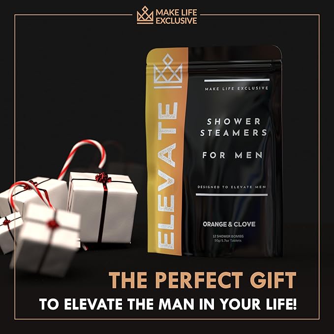 Shower Steamers for Men - Elevate - Citrus Orange & Clove Organic Shower Bombs for Elevated Mornings - 12 Pack of Relaxing Tablets - Strong Scented Long Lasting Aromatic Steamers