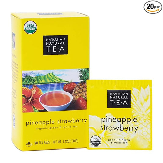 Hawaiian Natural Pineapple Strawberry Flavored Organic Tea - Tropical Fruit Green And White Tea, Perfect Daily Cup & Gift - 20 Bags
