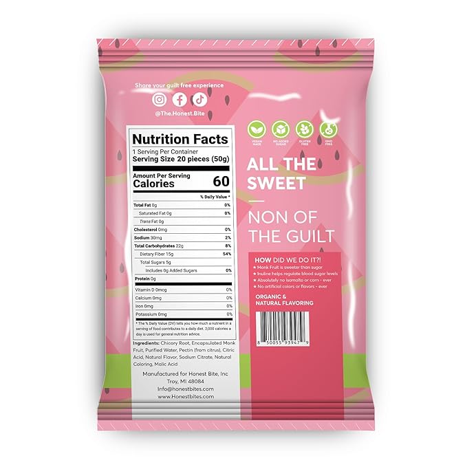 Honest Bites Sour Watermelon Candy - No Added Sugar, Gluten Free, Vegan, Dye Free, Healthy Snacks for Kids & Adults, Keto Snacks, Low Calorie, 6-Pack