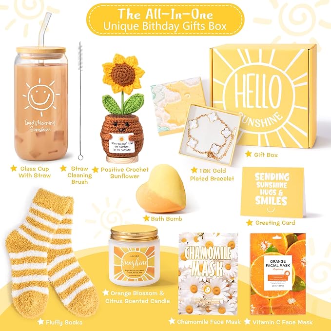 Gift Baskets for Women, 9pcs Unique Happy Birthday Gifts for Women, Best Inspirational Get Well Christmas Sunshine Sunflower Ideas Box for Her Sister Friend Friendship Mom - BRIGHTEN UP HER DAY!