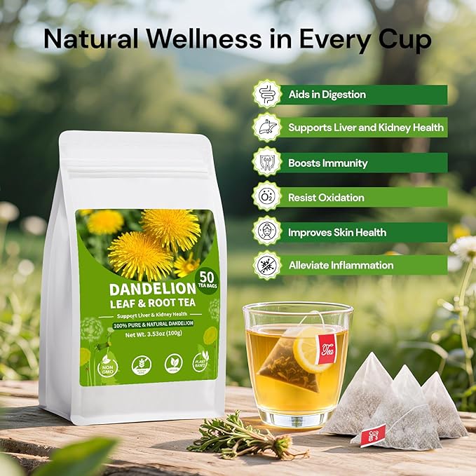 Dandelion Leaf and Root Tea bags, Natural Chinese Detox Herbal Tea Support Liver & Kidney Health and Aid Digestion Caffeine Free (1 Pack/50 Bags)