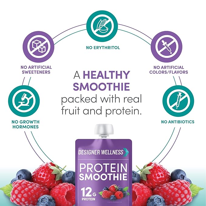 Designer Wellness Protein Smoothie, Real Fruit, 12g Protein, Low Carb, Zero Added Sugar, Gluten-Free, Non-GMO, No Artificial Colors or Flavors, Mixed Berry, 12 Count
