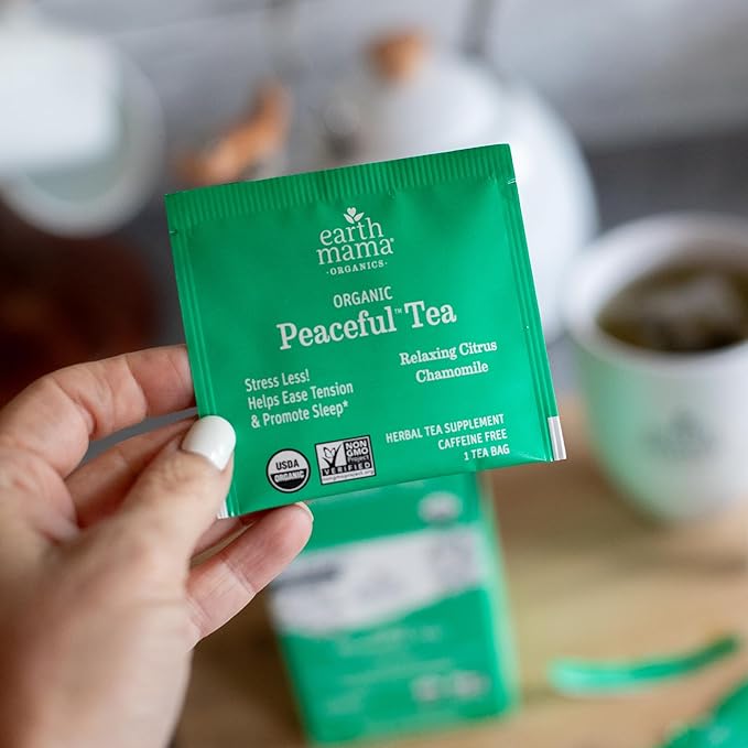 Earth Mama Organic Peaceful™ Tea | Stress Less! Calming, Relaxing Herbal Blend Safe for Pregnancy & Beyond, 16 Teabags Per Box (3-Pack)