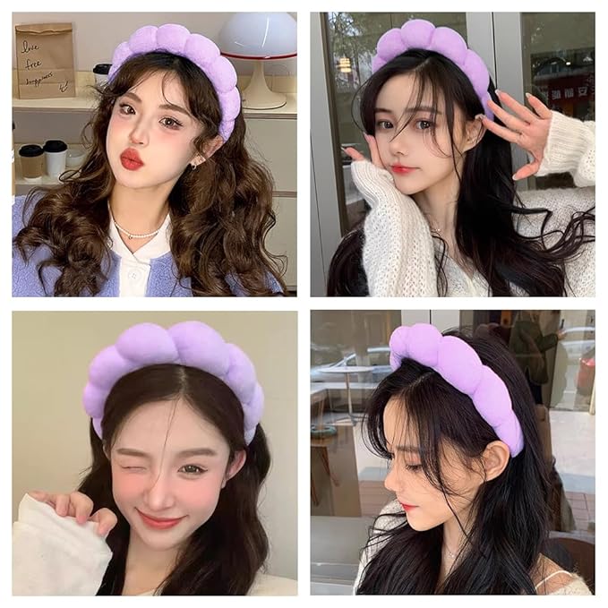 Spa Headbands for Washing Face or Makeup, Sponge Bubble Skincare Headbands, Puffy Terry Cloth Hairband for Women, Skin Care Makeup Headwear Hair Accessories for Girls(Purple)