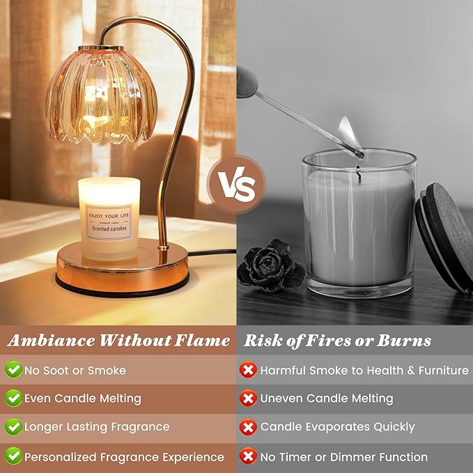 Flower Candle Warmer Lamp with Timer & Dimmer, Aromatherapy Candle Lamp for Scented Candles, Modern Amber Glass Candle Lamp Warmer, for Her, Home Bedroom Decor
