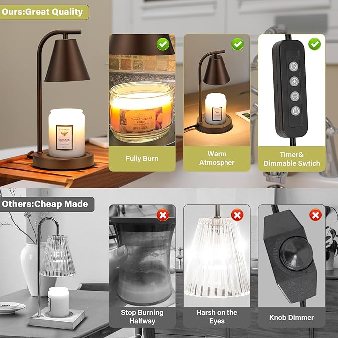 Candle Warmer Lamp with Timer - Electric Wax Melter for Jar Candles with 2 Bulbs, Flameless Scented Candle Warmer for New Home, Creates Cozy Ambiance, Modern House Warming Gift for Women (Brown)