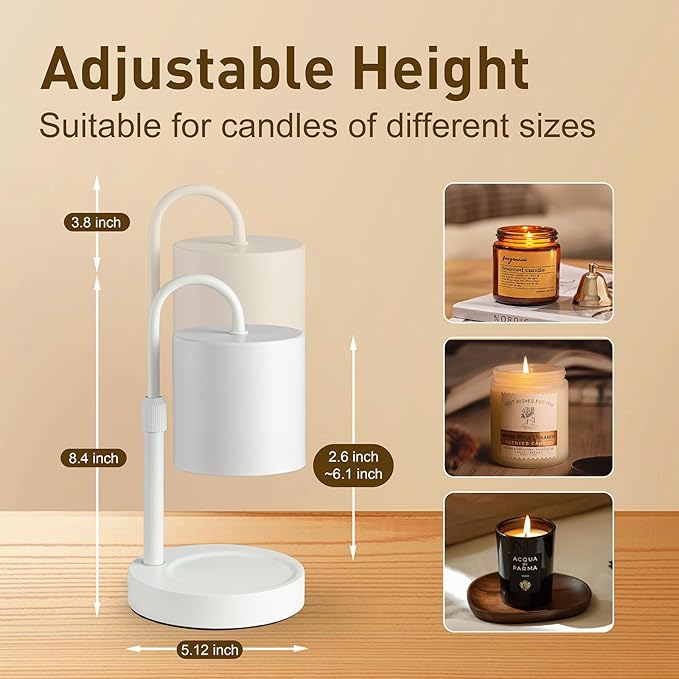 Briever Dimmable Candle Warmer Lamp with Timer, Height Adjustable Electric Candle Wax Warmer, Christmas Birthday Gifts for Women Mom, House Warming Gifts New Home Room Decor, White Solid Wood Base