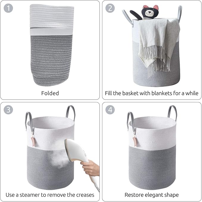 Cotton Rope Laundry Hamper by YOUDENOVA, 58L - Woven Collapsible Laundry Basket - Clothes Storage Basket for Blankets, Laundry Room Organizing, Bedroom Storage, Clothes Hamper – Grey