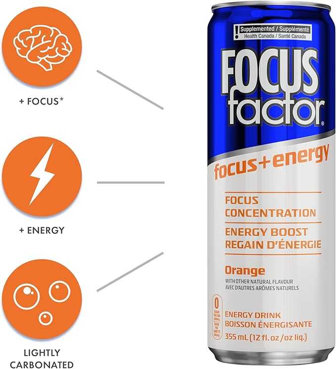 Focus Factor Energy Drink - 12 x 355ml Cans (Orange Flavour) - with Focus + Energy - Lightly Carbonated, Sugar Free, Low Calorie with Vitamin B6 & Vitamin B12