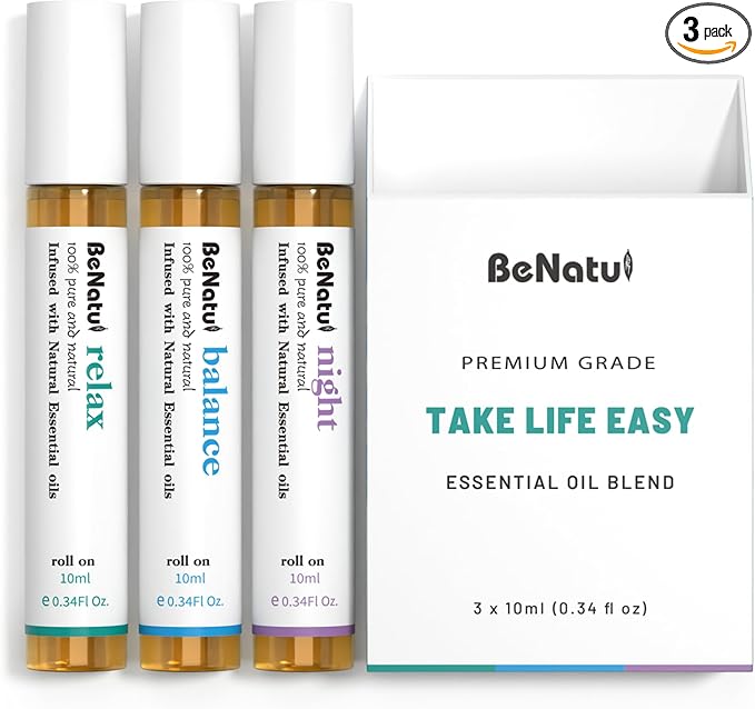 Essential Oil Set (Relax, Night, Balance), Aromatherapy Roll On Blends for Massage, Body Care & Home Use, Great Fragrance Gift for Men & Women Relaxation