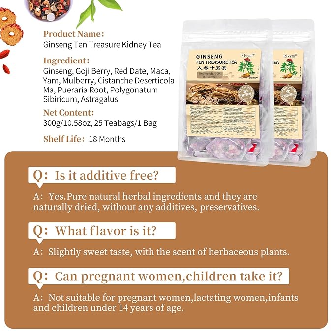 50Pcs Ginseng Ten Treasures Tea, Chinese Traditional Kidney Care Herbal Tea, Natural Kidney Cleanse Detox Tea for Women & Men, 10 Precious Ingredients Formula(50Bags, 600g)
