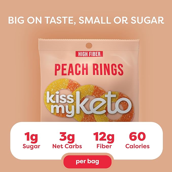 Kiss My Keto Sugar Free Gummies, Peach Rings 16-Pack – Satisfy Cravings while Staying in Ketosis – High Fiber, 3g Net Carbs, Non-GMO, Vegan, & No Gluten – Calorie-Friendly Vegan Candy