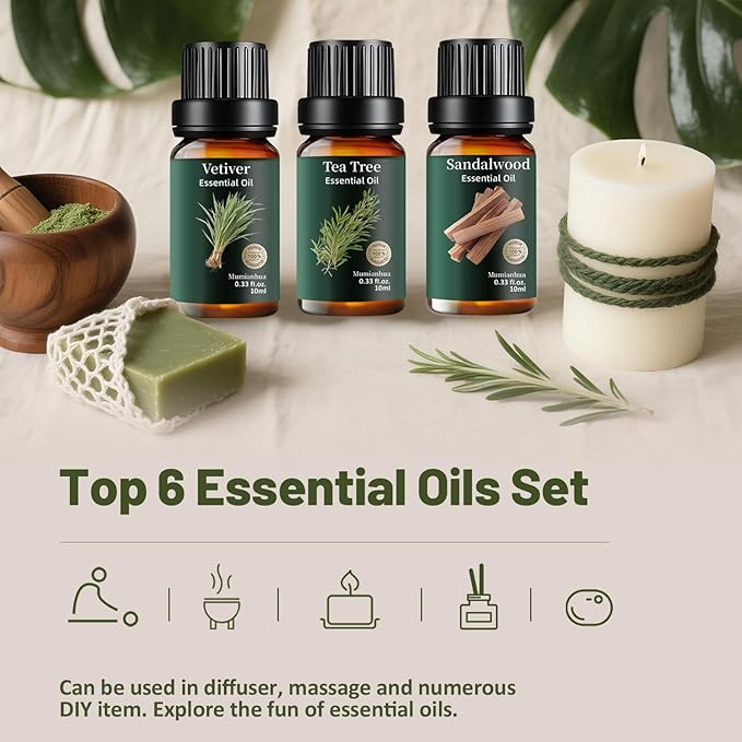 Woody Essential Oils Set Pure, Mumianhua Sandalwood, Cedar, Tea Tree, Cypress, Frankincense, Vetiver - Natural Classic Woody Aromatherapy Meditation Set for Diffuser, Candle & Soap Making Gift 6x10ml