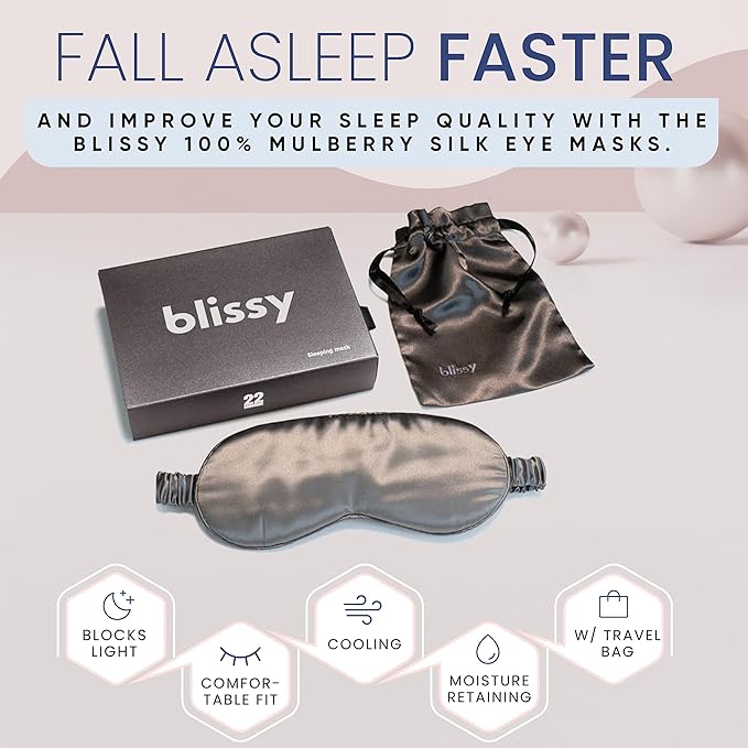 Blissy Silk Sleep Mask - Silk Eye Sleeping Mask for Women & Men for Total Blackout - 100% Pure Mulberry Silk, 22 Momme 6a Fibers - Blindfold Silk Sleep Mask Side Sleeper Eye Cover (Grey)