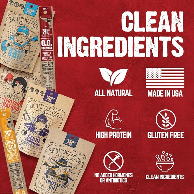 Righteous Beef Jerky Variety Pack Gift Basket - Great Gifts for Men | Gluten Free, High Protein Healthy Snack | Beef, Pork, & Turkey Jerky Variety Snack Pack | Fan Favorites 6 Pack