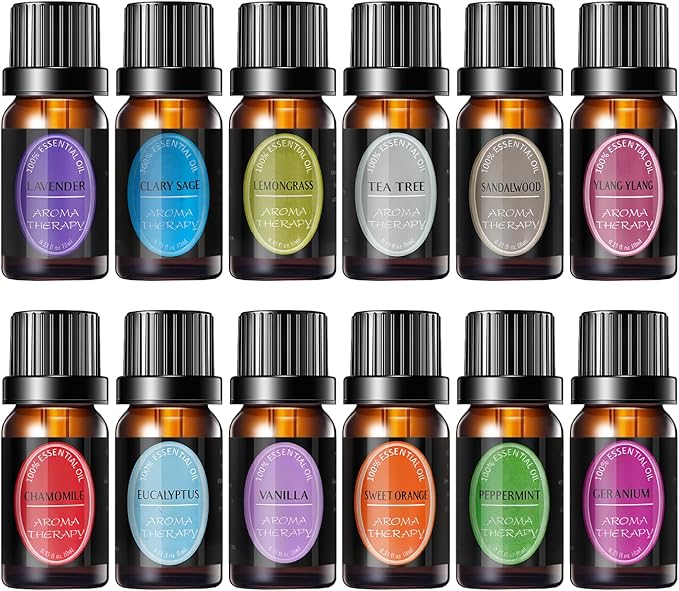 100% Natural Pure Essential Oils Set - Top 12 Organic Undiluted Oils for Aromatherapy Diffuser Plant Therapy,Candle Making,Laundry Fragrance,Humidifiers,Skin Care (0.33 Fl Oz 12 Pack)