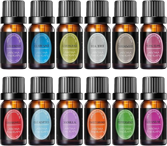 100% Natural Pure Essential Oils Set - Top 12 Organic Undiluted Oils for Aromatherapy Diffuser Plant Therapy,Candle Making,Laundry Fragrance,Humidifiers,Skin Care (0.33 Fl Oz 12 Pack)