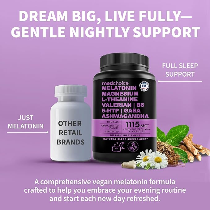 12-in-1 Melatonin Sleep Capsules - Natural Sleep Aids for Adults with Melatonin 5mg and Magnesium Glycinate 500mg, Sleep Aid with Ashwagandha, L Theanine, Valerian Root, GABA, 5-HTP (90ct, Pack of 4)