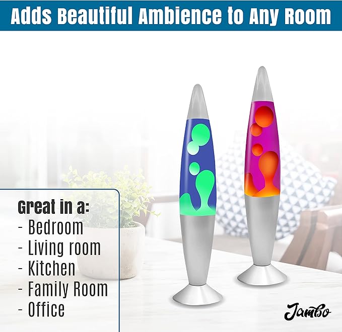 JAMBO 2 Pack- 16" Beautiful Lamp- Blue with Yellow/Green Wax and Purple with Yellow Wax, Relaxing Liquid Lamp, Night Light Nightlight, Lamps for Adults Teens Kid