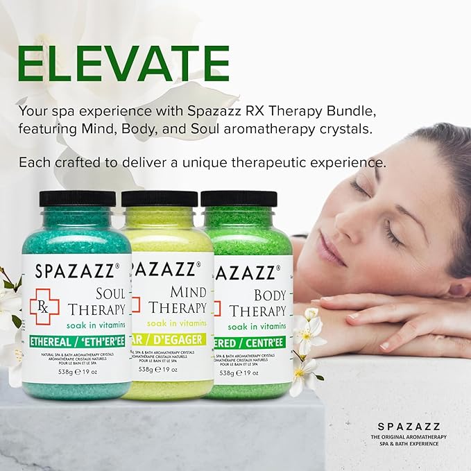 RX Therapy Spa and Hot Tub Aromatherapy Scented Relaxation Bath Salt Crystals - Mind Body and Soul Bundle Gift Set (19 Oz) Includes 5 Point Full Body Massage Tool & Hot Cold Towel (19OZ 3 Pack)