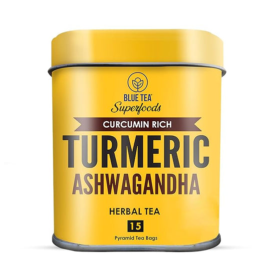BLUE TEA - Turmeric Tea - Ashwagandha - 15 Count - Plant Based Tea Bag | CURCUMIN RICH - HERBAL BLEND | Herbal Tea - Caffeine Free - Non-GMO - Vegan - Gluten Free - No Sugar | Reusable Tin Pack