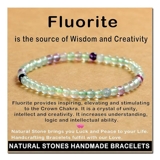 AD Beads Handmade Gemstone Stretch Elastic Bracelet Crystal Healing Reiki Nature's Beauty and Spiritual Essence Unisex (4mm, Fluorite)